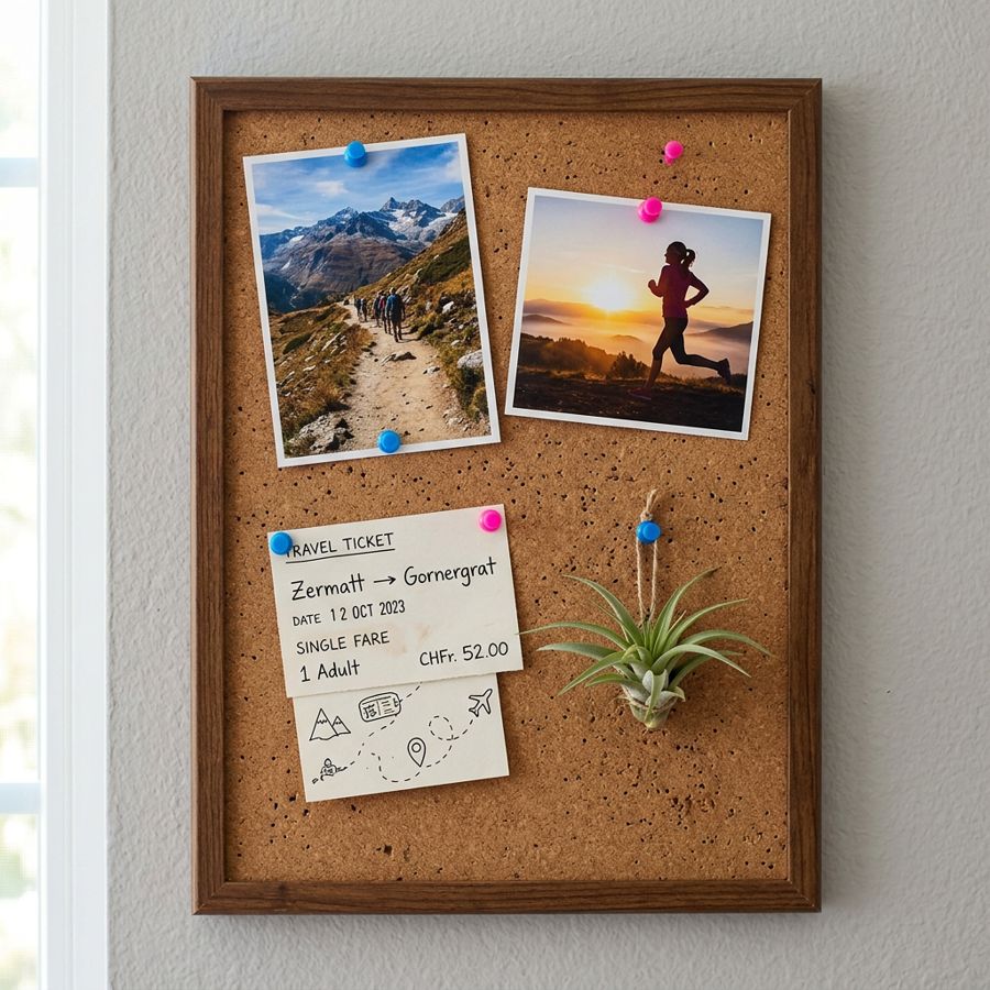 A cork board pinned with a mountain trail photo, a sunset runner, a hand-written train ticket to Zermatt and a small air plant